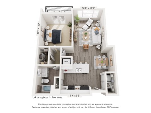 Floor plan for 1 bed, 1 bath, 806 sqft